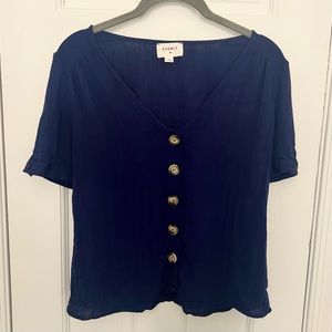 Everly Button Up Top Blouse Navy Blue V Neck Short Sleeve Shirt VNeck